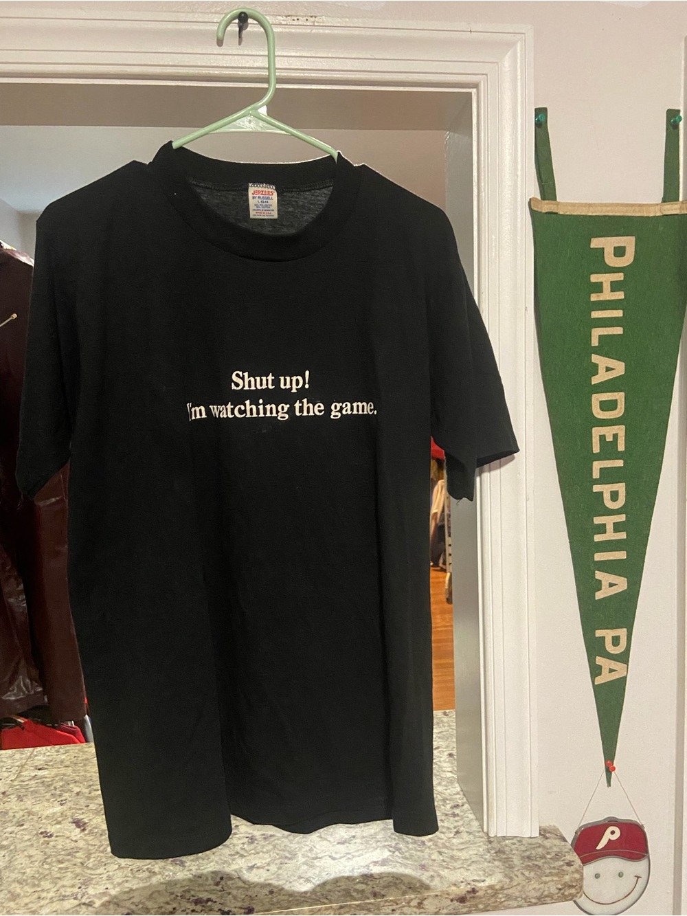 Jerzees Black Tee with White Text "Shut up! I'm watching the game."